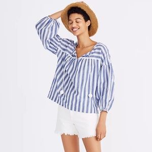 MADEWELL Blue Stripe Peasant Boxy Top with Puff Sleeve M